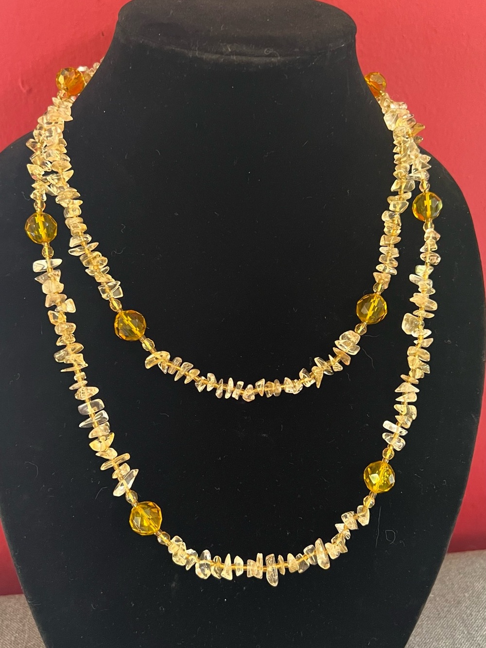 Citrine Gemstone Chip Necklace Faceted Amber Glass Bead Accents Women’s Jewelry
